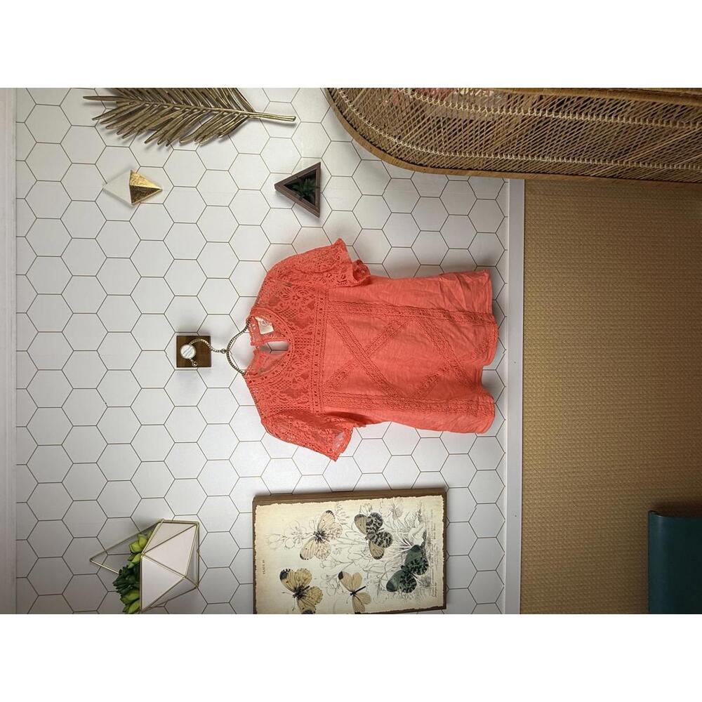 Ella Mara by Anthropologie Coral Liliya Crochet Short Sleeve Top - Size - Small